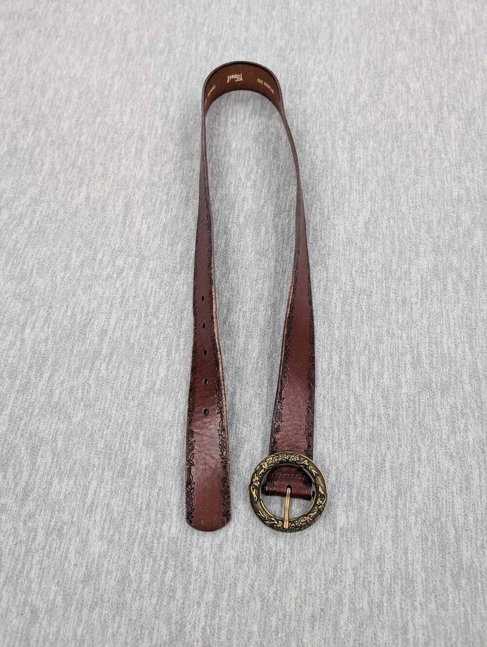Fossil Belt Womens Small Brown Floral Embossed Leather Round Buckle Boho Western